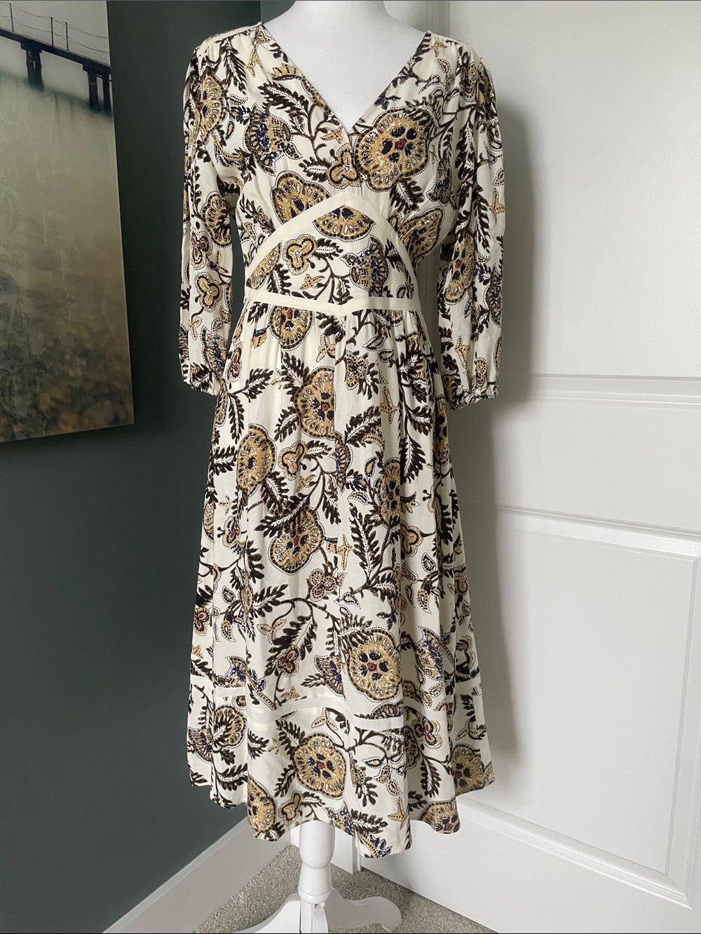 NWT ba&sh Cream Midi Dress with tan/brown/other  print